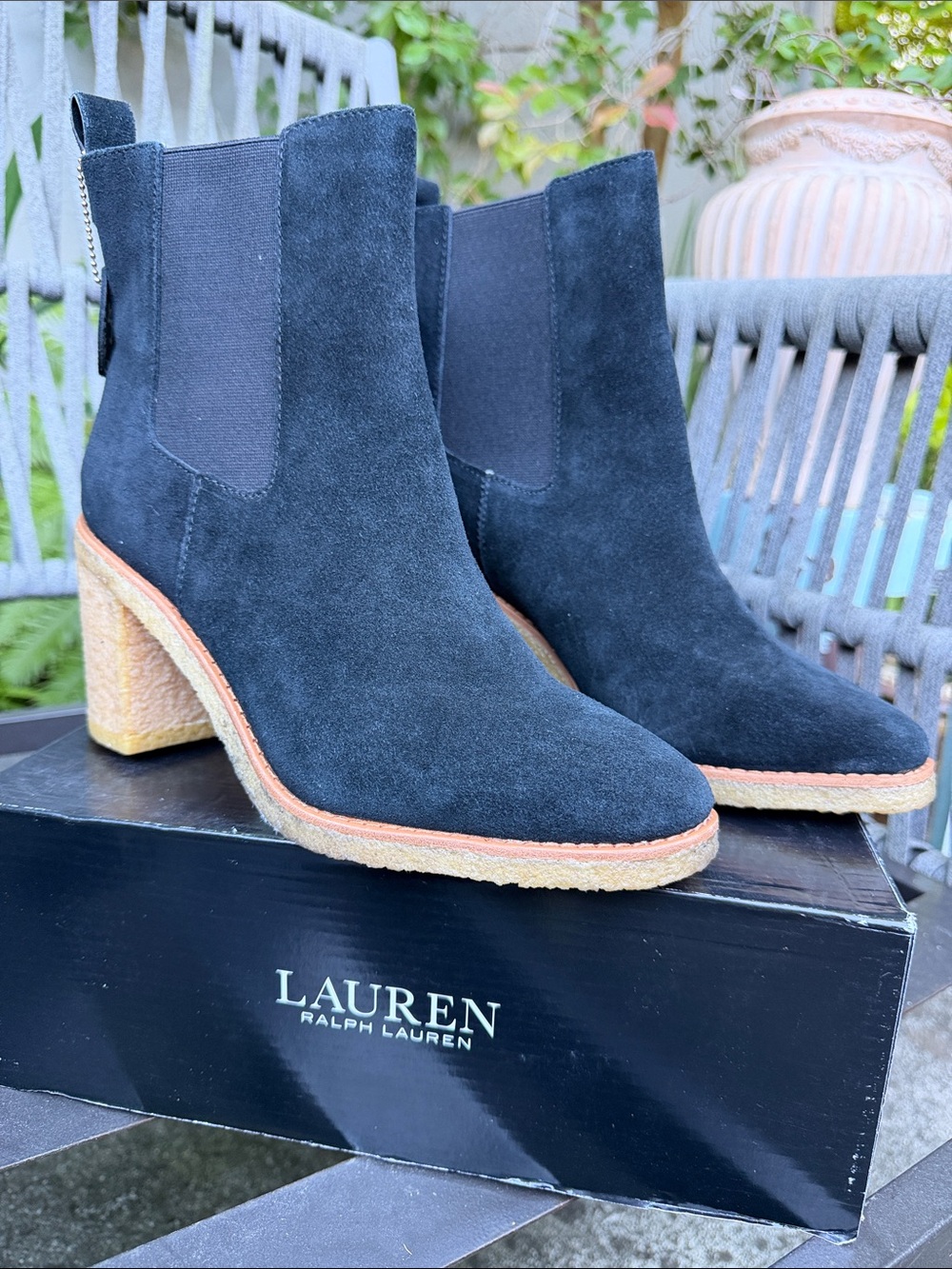Lauren Ralph Lauren Black Suede Chelsea Block Heel Ankle Boots